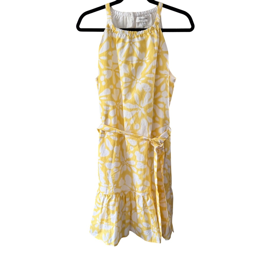 Banana Republic Poplin Floral Halter Dress M Yellow White Ruffle Pockets Coastal - Picture 2 of 13